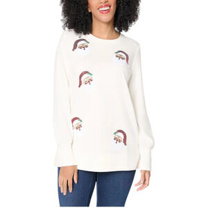 Jingle Belles by Kim Gravel Women's Sequin Santa Knit Top Cream - Regular